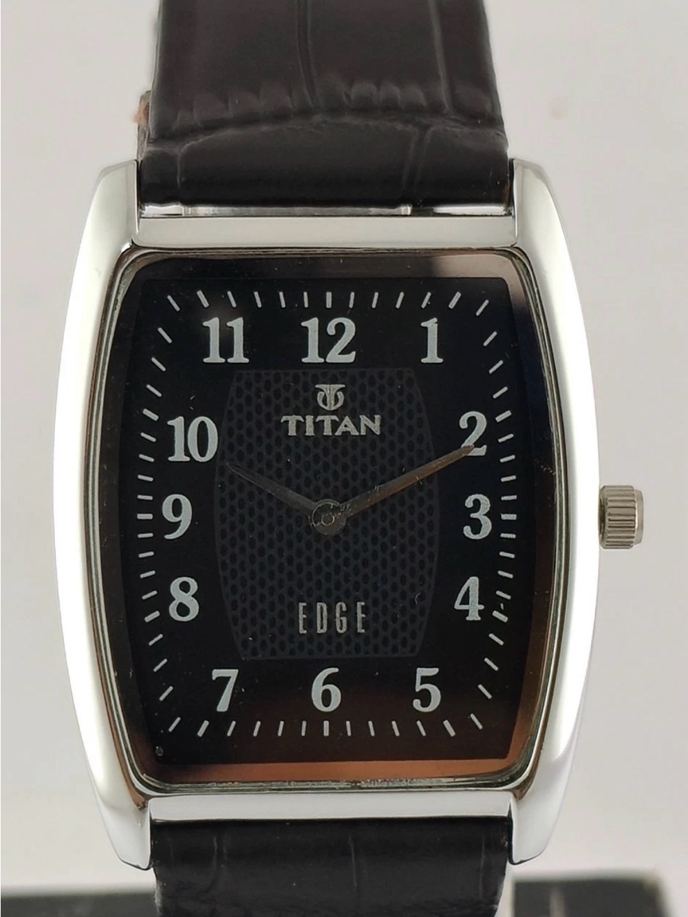 Titan Black Dial Silver Case Men's Leather Strap Watch